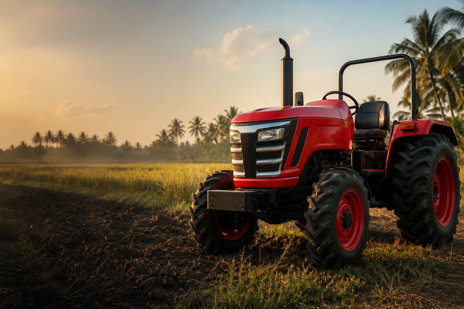 A red farm tractor at golden hour on a freshly ploughed field — Bhaskar Agro Solutions, Hubballi